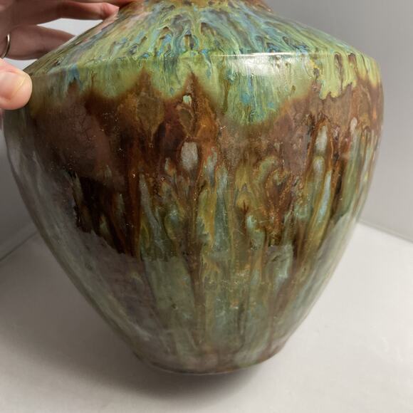 Vintage Drip Glaze Redware Pottery Vase Pot in Green Brown Textured - Picture 3 of 12